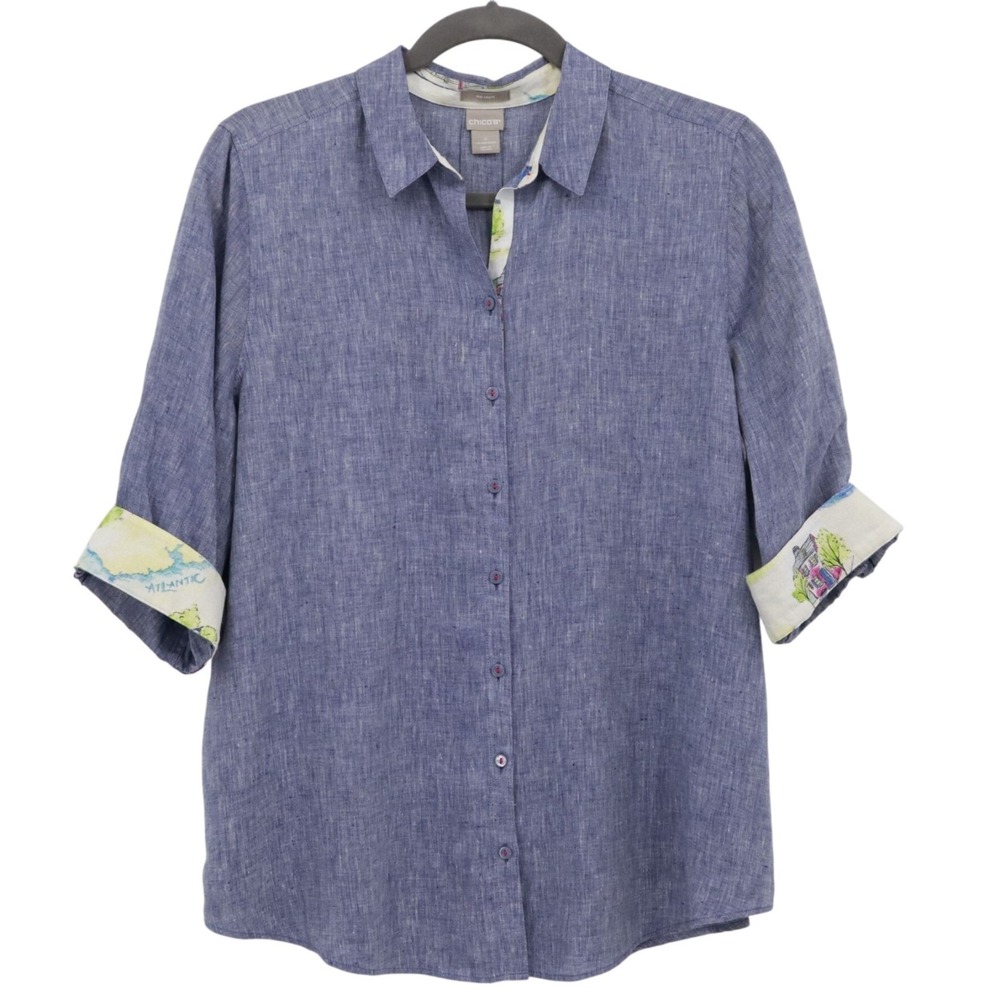 Chico's Linen Shirt Women 20/22 Blue Preppy Boho Coastal Resort Classic Timeless